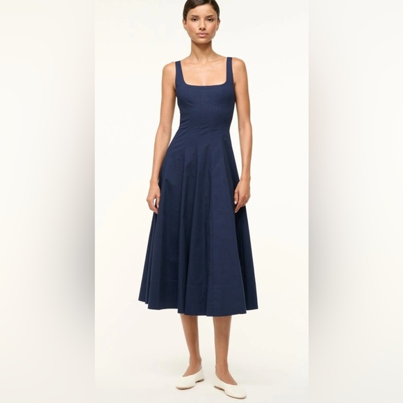 NEW STAUD Wells Stretch Cotton Sleeveless Midi Dress Navy | US 2 UK 6 - Picture 2 of 14